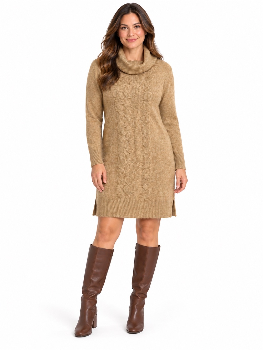 Banana Republic Sweater Dress Womens S Camel Cable Knit Cowl Neck Long Sleeve